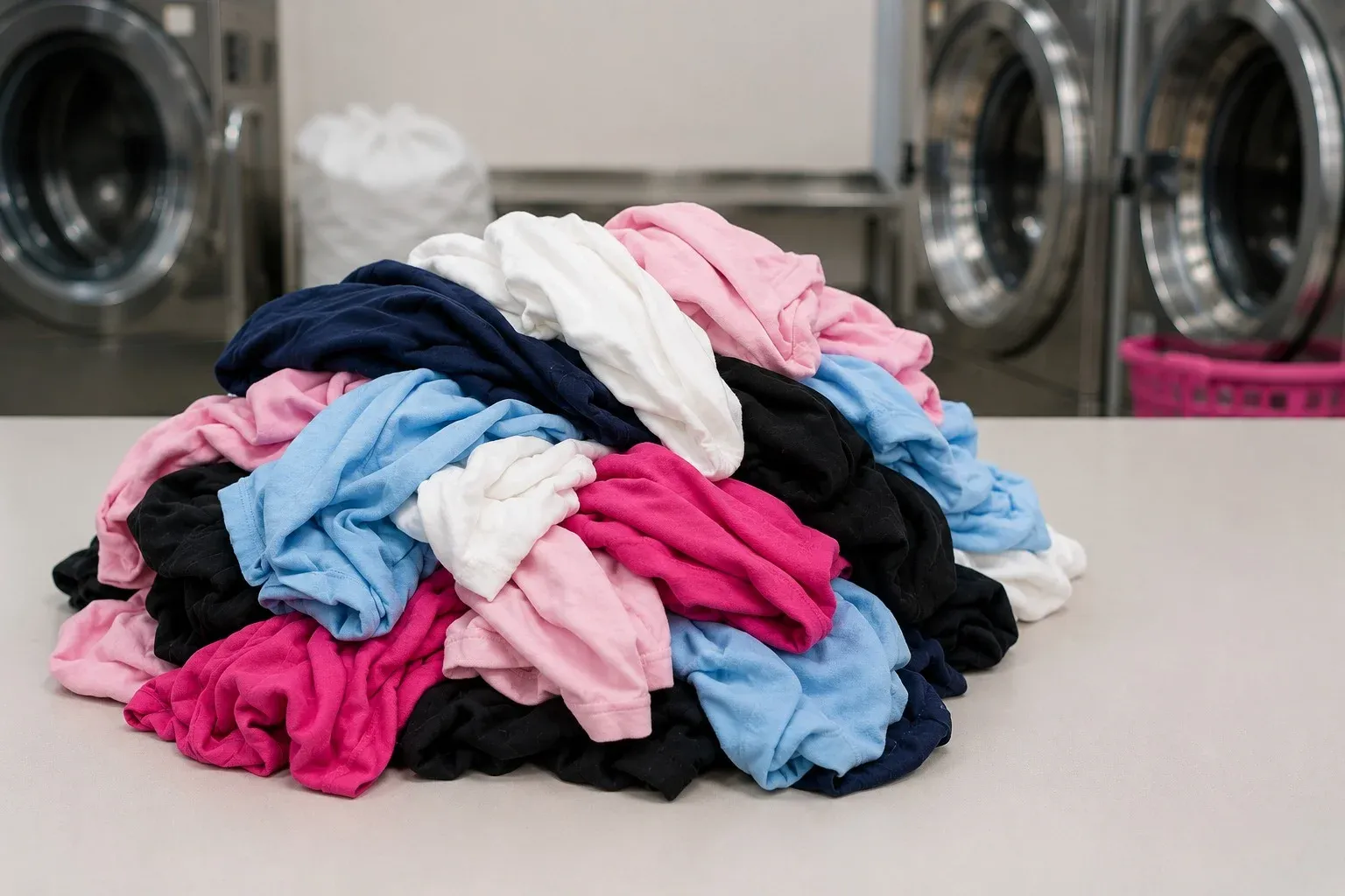 Unsorted pile of dirty laundry before our service